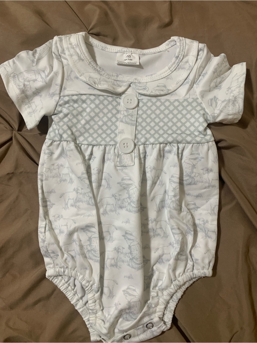 White Baby Romper with Light Green Pastoral Print
